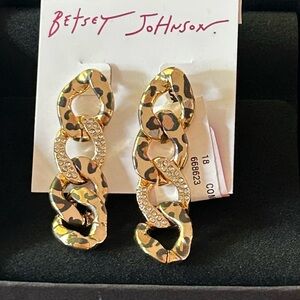 Betsey Johnson Leopard Print Gold Crystals Link Earrings